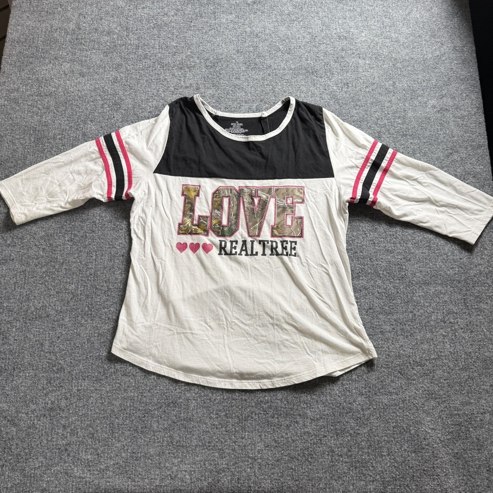 RealTree Womens Camo Love Graphic Top Colorblock 3/4 Raglan Sleeve Shirt 1X